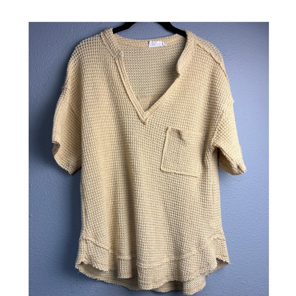 New In Waffle Cozy Knit V-Neck Short Sleeve Pocket Top Cream Cottagecore Small